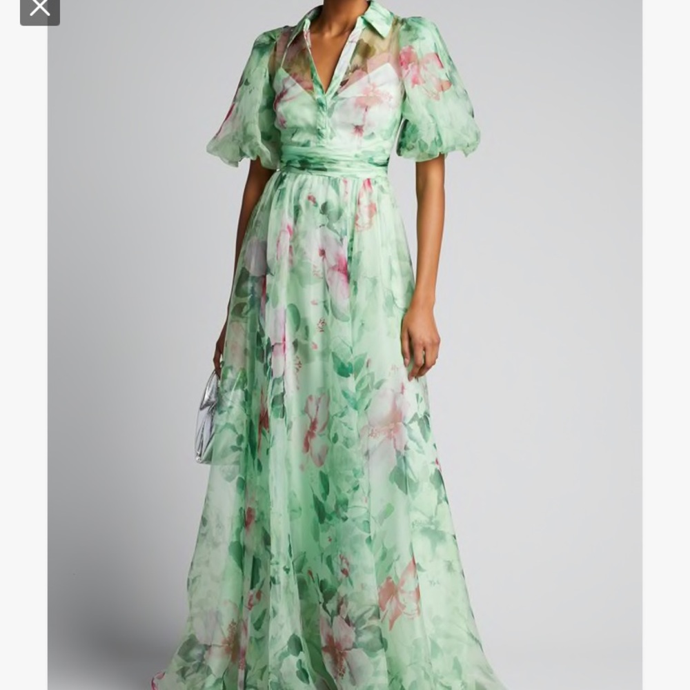 Badgley Mischka Organza Puff-Sleeve Gown
